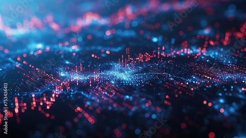 perspective view of stock market growth business investing and data concept with digital financial chart graphs diagrams and indicators on dark blue blurry background