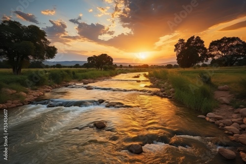 Beautiful sky over the river at sunset or sunrise. Beautiful nature