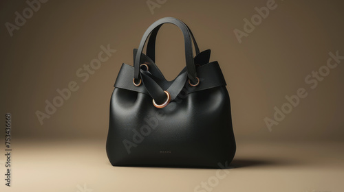 Black luxury leather handbag. High class fashion item, emphasizing clean design and sophistication. Leather texture details.