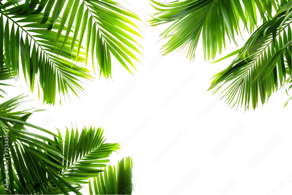 Naklejka premium A lush green palm frond with tropical leaves reaches skyward against a clean white background