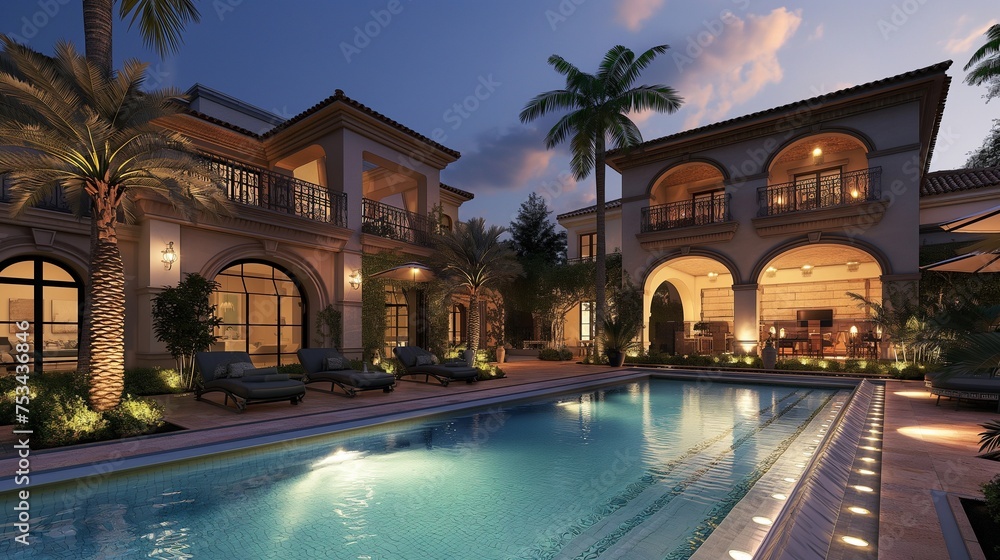 Twilight serenity captured in an image of an exclusive pool area with ambient lighting, surrounded by opulent landscaping and architectural details