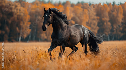 beautiful black horse playing on the field, generative Ai © Zoya