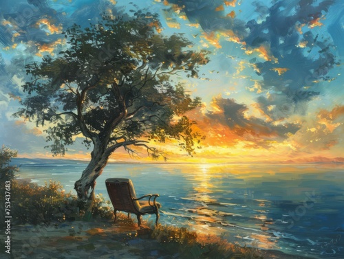 Oil painting of a solitary tree with a vintage chair facing the merging blues of ocean and sky at sunset