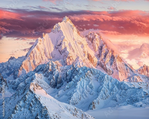 Snow-covered mountain peaks at sunset, with the last light casting pink and orange hues over the crisp landscape