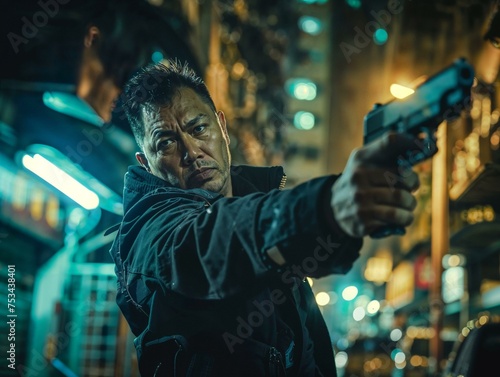 An undercover agent in tactical gear aims his handgun with a look of steely determination. City's vibrant nightlife blurs background, emphasizing the suspense of the covert operation.