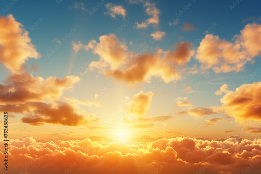 Sky with clouds and sun. Beautiful sky background