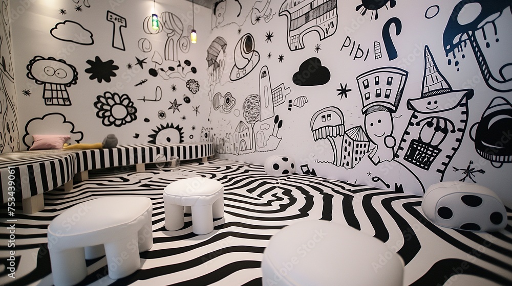 Whimsical doodle art in monochrome bringing charm to a children's play area