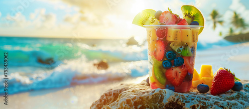 a plastic cup with mix of fresh fruits. healty drinks concept background