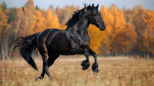 beautiful black horse playing on the field  generative Ai