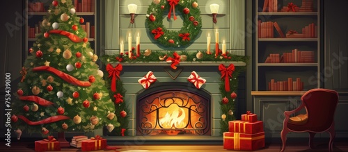 Festive Room Decor with Fireplace Christmas Wreath Tree Gifts and Children 2d Illustration