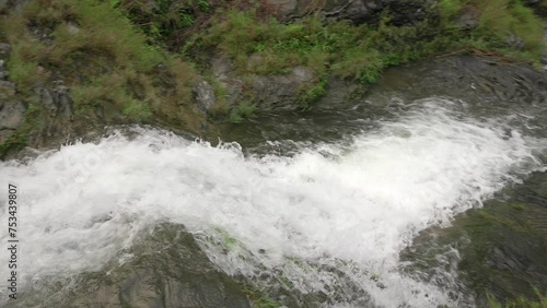 Panning downstream and tilting up to view the mountains of north Vietnam from Du Gia falls. photo