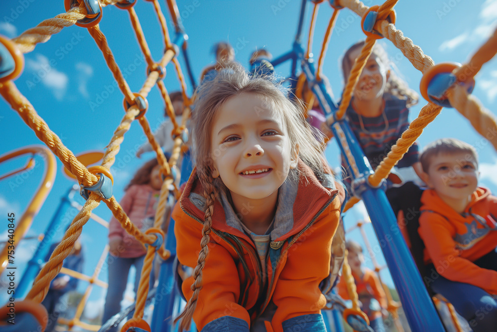 Children play happily in the park amidst summer fun. Playground in school or park Children play happily in the park amidst summer fun. Playground in school or park