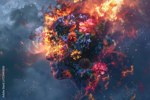 Digital artwork illustration of a shattered human form being engulfed by flames, with vibrant flowers blooming from within, representing the resilience of the human spirit in the face of adversity #753440806
