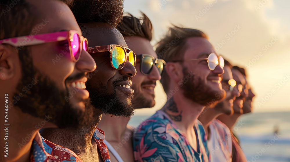Group of young diverse men wearing sunglasses looking at sunset during summer time , guys friends with ethnic diversity in holidays background
