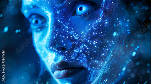 human face in blue colors concept of artificial intelligence  generative Ai