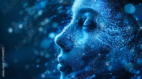 human face in blue colors concept of artificial intelligence, generative Ai
