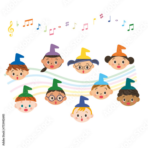 コーラスをする音符つきの子供合唱団