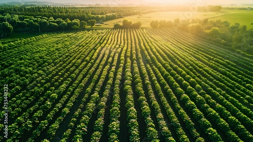 Aerial Vineyard at Sunset in High Contrast Style  To showcase the beauty and precision of vineyard agriculture during sunset in a high contrast and