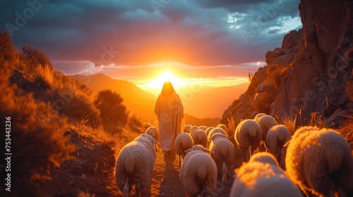 a shepherd guiding his flock of sheep. Created with Generative AI. photo