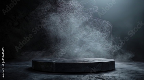 Epic Elegance: Unveil your product on this sleek black podium engulfed in enigmatic smoke. Command attention with dramatic flair!