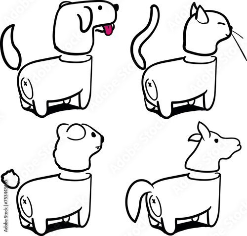 Cartoon set of animals with heads and bodies drawn separately. Pet icons include a dog, cat, horse or pony.