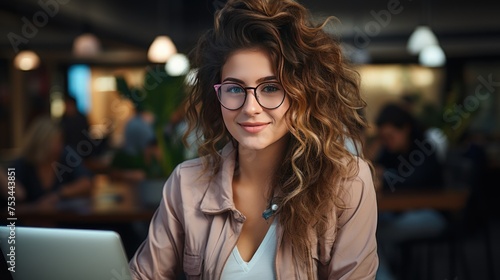 Portrait of smiling young woman using laptop while sitting at table in cafe © nahij