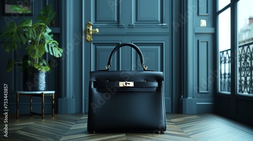 Black luxury leather handbag. High class fashion item, emphasizing clean design and sophistication. Leather texture details. photo