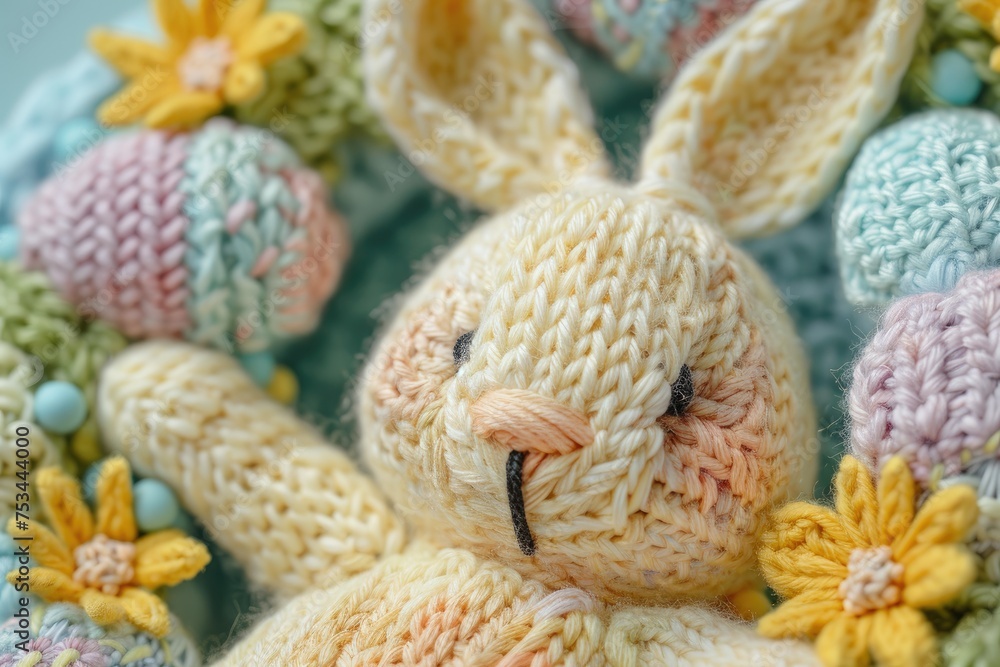 Handcrafted Knitted Easter Bunny with Decorated Eggs. Handcrafted Knitted Easter Bunny with Decorated Eggs.