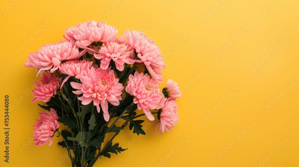 Fototapeta premium bouquet of pink chrysanthemums on yellow background.Pink chrysanthemum flowers.Happy Mothers Day Pastel Candy Colors Background. Floral mothers day