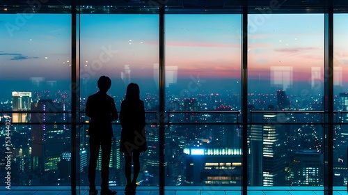 Silhouetted Figures Overlooking City Skyline at Dusk in Japanese Style, To capture the beauty and grandeur of urban cityscapes through the minimalist