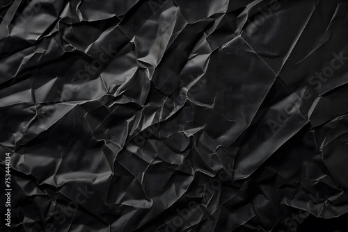 A crumpled black paper texture background with creases and wrinkles. Crumpled black paper texture against a dimly lit background.