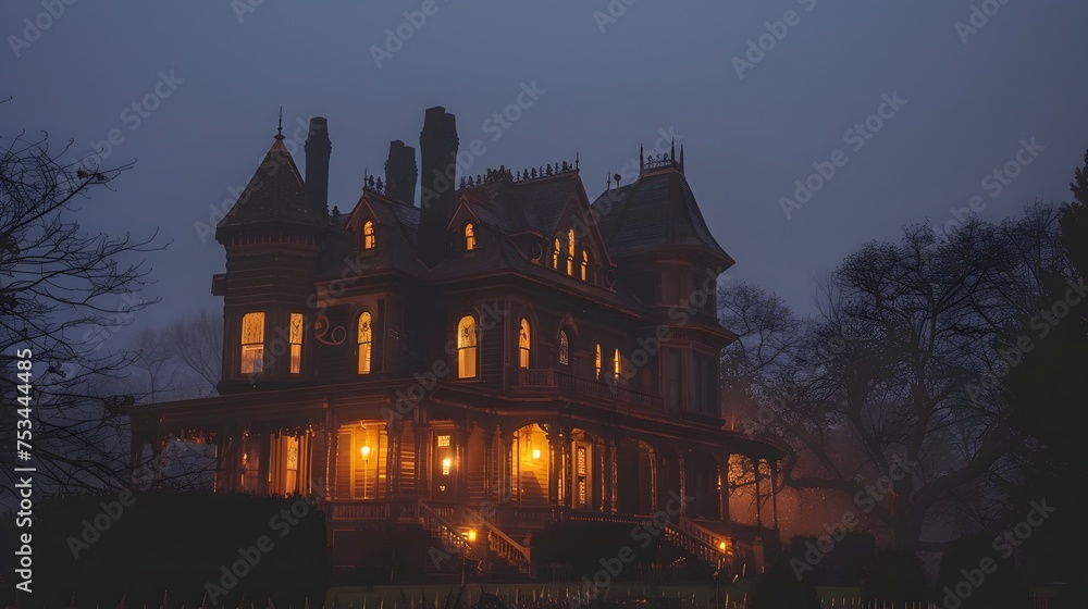 Victorian Mansion in Fog at Dusk, This image would be perfect for use in a Gothic or Victorian-themed design, or for any project that requires a