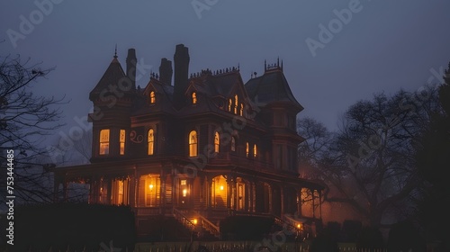 Victorian Mansion in Fog at Dusk, This image would be perfect for use in a Gothic or Victorian-themed design, or for any project that requires a
