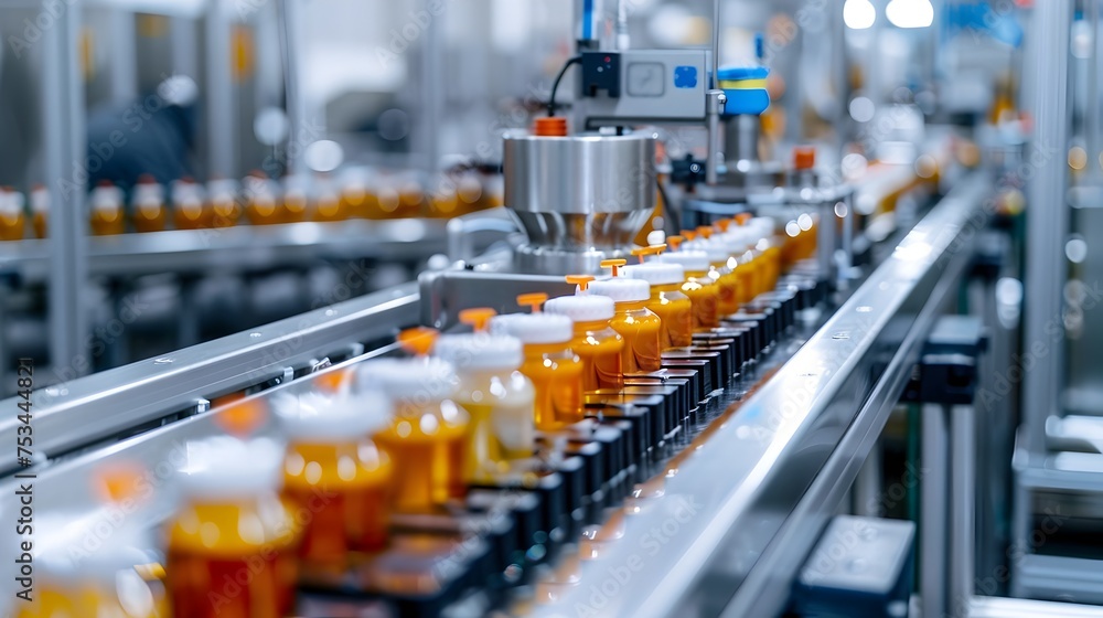 Pharmaceutical Production Line in a Factory, To showcase the modern and automated process of pharmaceutical production in a factory setting