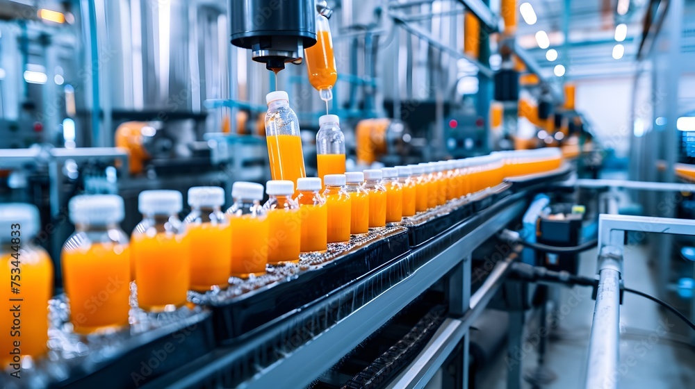 Bright and Vibrant Organic Orange Juice Production, To showcase the modern and efficient production process of organic orange juice, highlighting the
