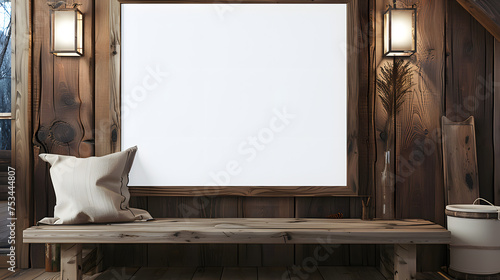 a large empty wooden picture frame in landscape position on a rustic wooden cabin wall. The empty picture frame is 4:3 ratio. The wooden cabin is modern and has dark, natural colours.
