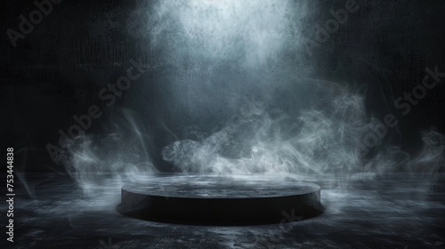 Epic Elegance: Unveil your product on this sleek black podium engulfed in enigmatic smoke. Command attention with dramatic flair!