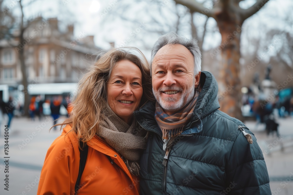 A man and woman are smiling for the camera in a cold city