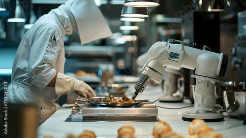 Chef Using Robot for Meal Prep in Modern Kitchen, To showcase the innovative use of robotics in meal preparation and the future of the food industry photo