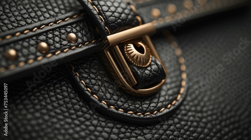 Black luxury leather purse close-up, emphasizing clean design and sophistication. Leather texture details.