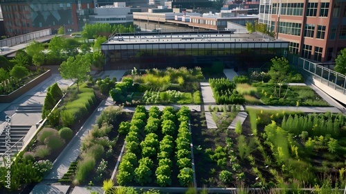 Rooftop Garden with Rows of Plants and Vegetables in an Urban Setting, To showcase the beauty and functionality of urban farming and green space in a