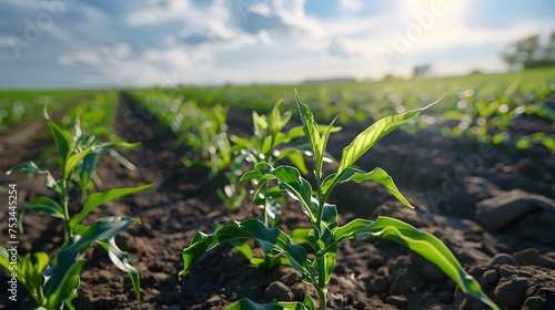 Vibrant Young Corn Plants Growing in a Field Under Bright Sunlight, To convey the beauty and intricacy of young corn plants growing in a field, and © pkproject