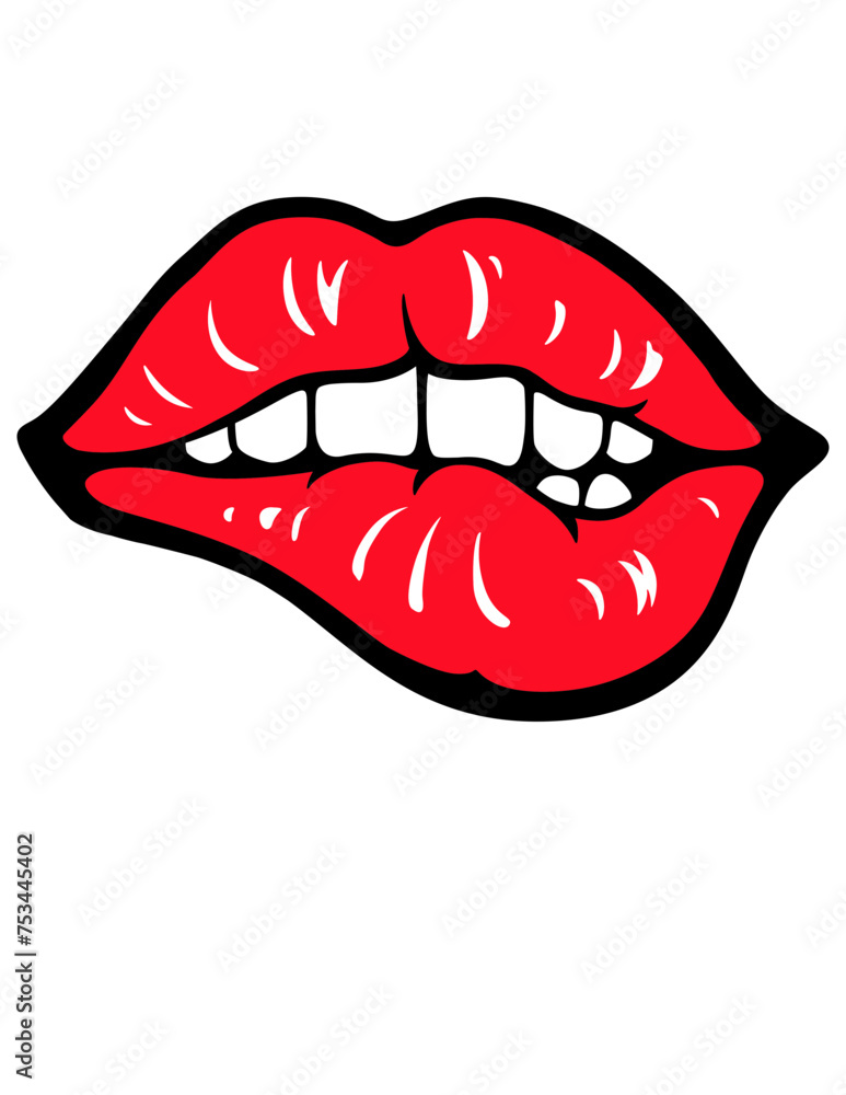 Lip Bite Illustration, Lips Vector, Lips Clipart, Biting Lips Stencil