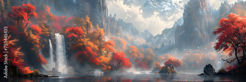 Illustration Fantastic Landscape, Fire shape trees flowers in the middle of Mountains
