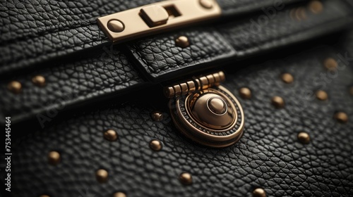 Black luxury leather purse close-up, emphasizing clean design and sophistication. Leather texture details.