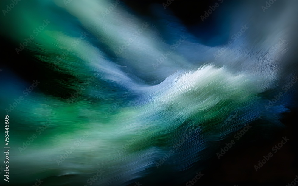 An abstract blur of white, blue, and green colors with a grainy texture on a black background, generative AI