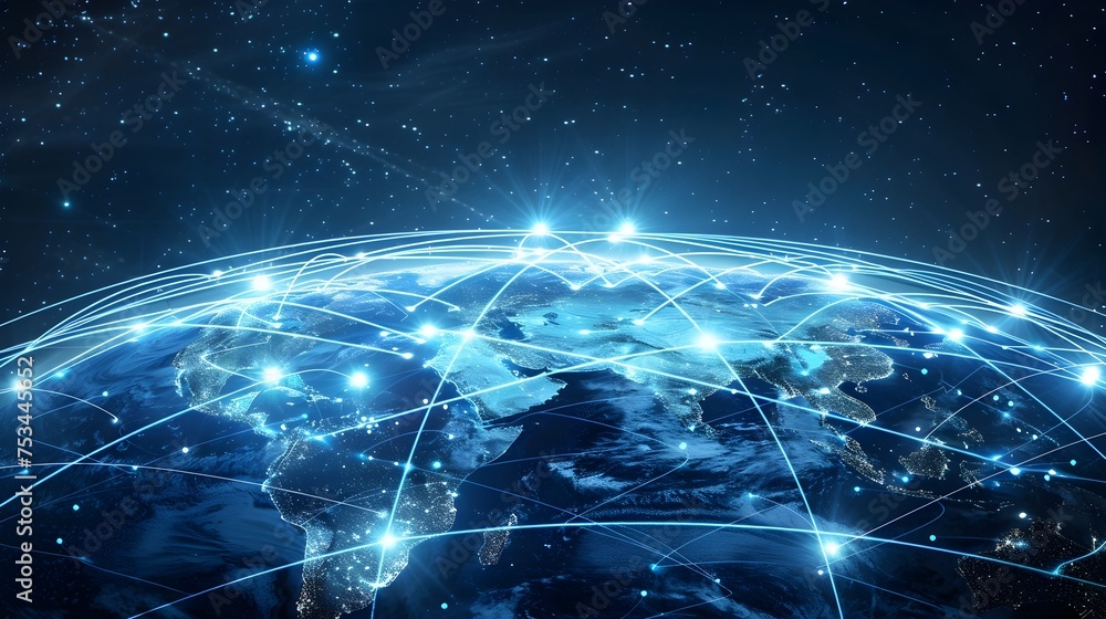 Fototapeta premium Connected Global Network in Space, To convey the concept of a global network and connectivity in a visually striking and modern way