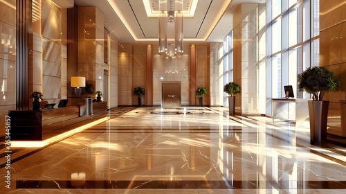 Professional Photography of Luxury Hotel Lobby with Marble Flooring and Natural Light, To convey the luxurious atmosphere and high-end design of an