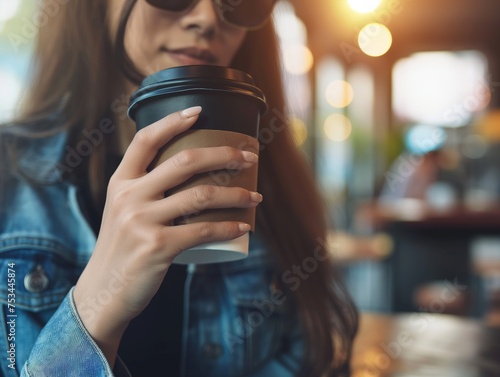 Close-up of a woman in a denim jacket holding a takeaway coffee cup, with a blurred cafe background.