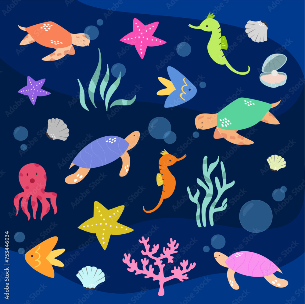 Naklejka premium sea fishes tropical fishes octopus Tuttle illustration vector